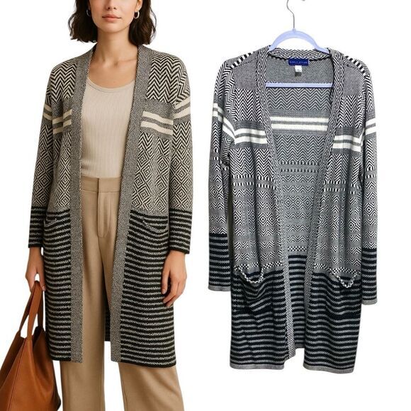 Simply Styled by Sears‎ Black & White Geometric Open Cardigan Sweater M - Picture 1 of 14
